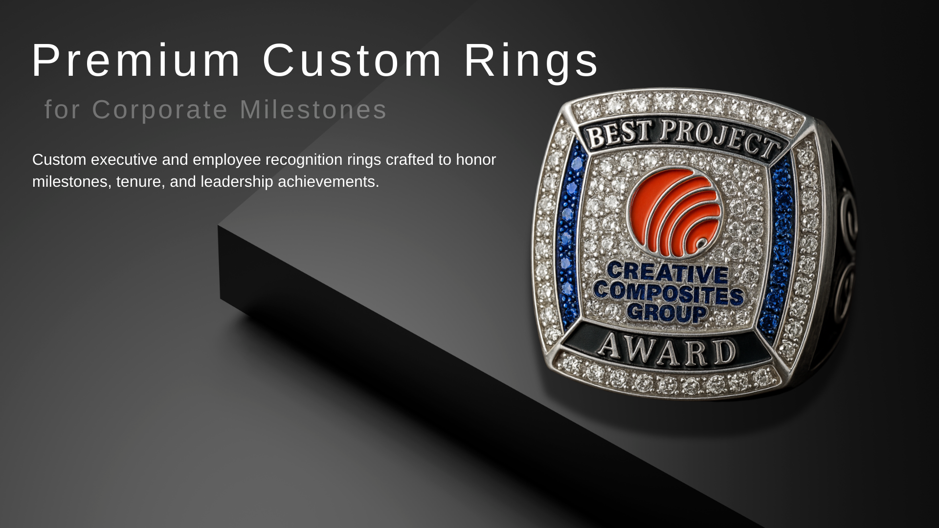Premium custom corporate recognition ring designed for employee milestone awards, executive achievements, and company service recognition programs