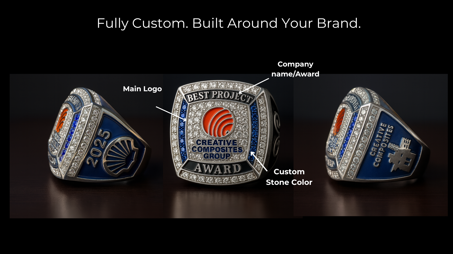 Custom corporate award rings designed with company logo, personalized engraving, and custom stone colors for employee recognition and milestone awards